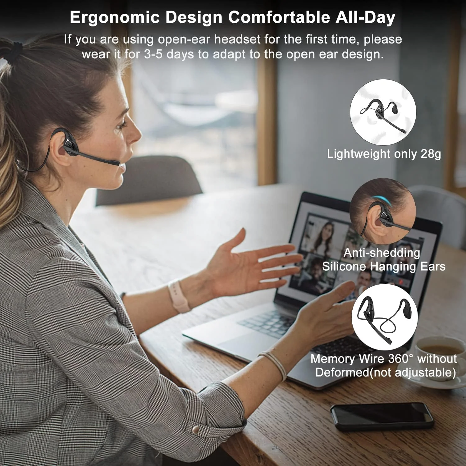 Casque Bluetooth Oreilles Ouvertes Avec Micro IA - Conduction Air 10H Batterie 32g Léger