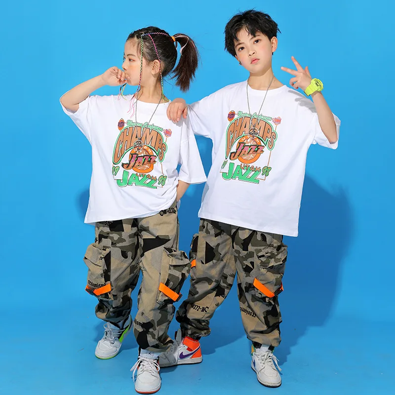 Boys Hip Hop Camouflage Pants Girl Jogger 2 Pcs Set Kids Printed T-shirt Dance Clothes Teen Jazz Street Child Costume Streetwear