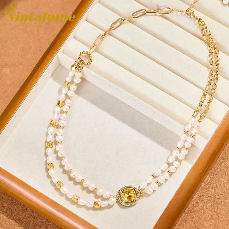 

Ожерелье Vintalume Square CZ Charm с двойной медной цепочкой и жемчугом для женщин, модные украшения, изящное колье-чокер 45 см, подарок