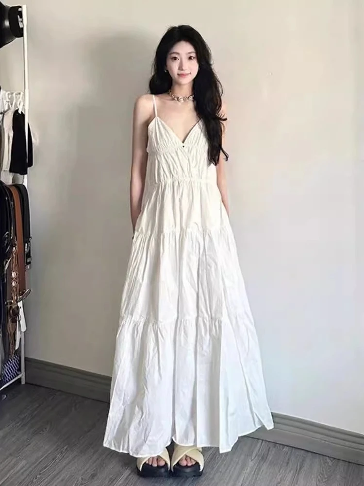 딥 브이 넥 화이트 한국 스타일 드레스 우아한 슬림 맞는 여름 드레스 독점 스파게티 스트랩 비치 맥시 휴가 여성 드레스