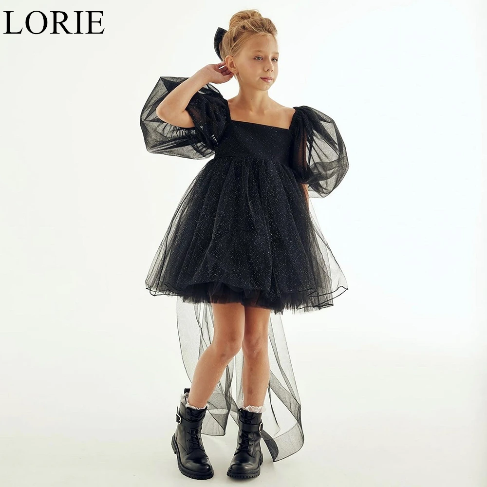 Lorie bonito glitter preto flor menina vestido quadrado pescoço plissado a linha fita puff mangas 2025 vestido de aniversário brilhante personalizado