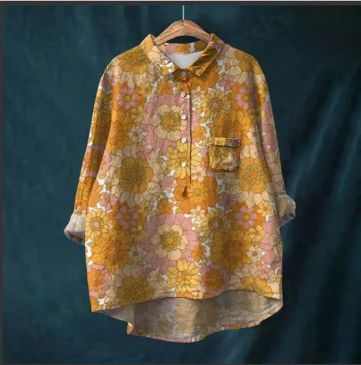 

Button Down Collar Shirts For Women Flower Pattern Printed Women'S Lapel Neck Casual Cotton And Linen Long Tops For Women V Neck