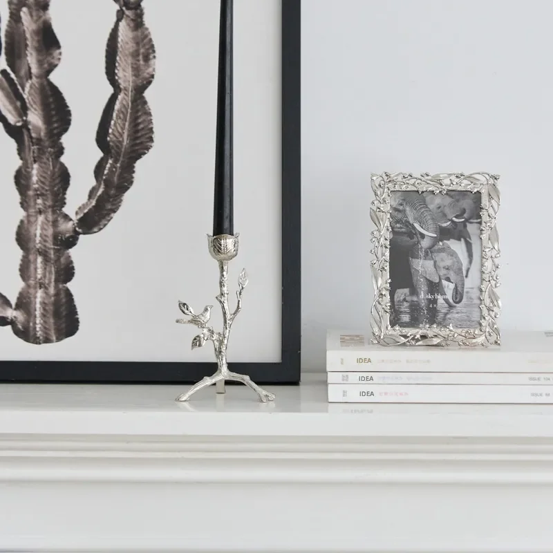 for Creative Light Luxury Gold Silver Bird Branch Candle Holder Jewelry Plate Leaf Tray High End Metal Photo Frame Decorative