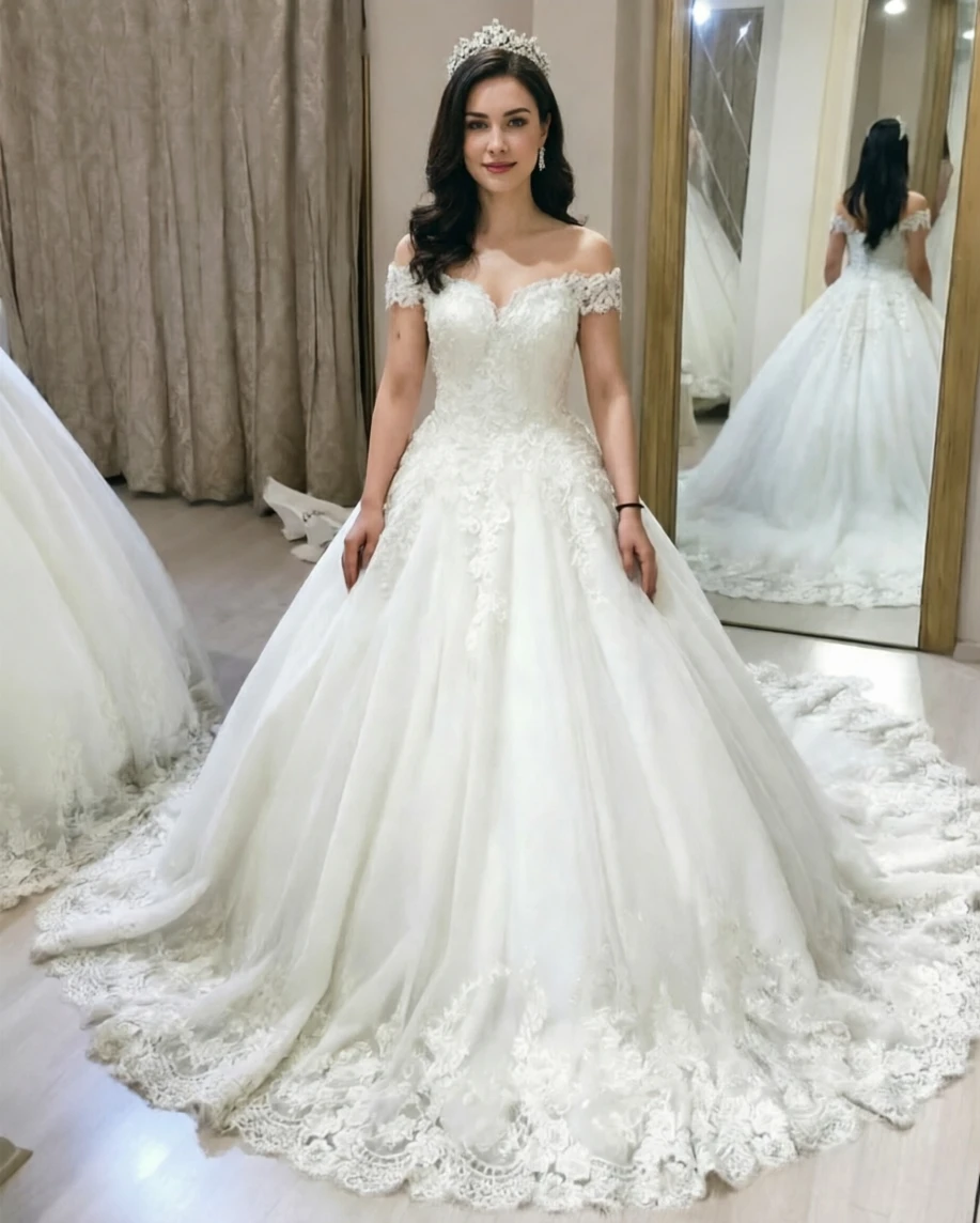 

Customized Elegant Princess Ball Gown Off-Shoulder Lace Wedding Dress Plus Size White Puffy Tulle Bridal Gown Vestido De Novia