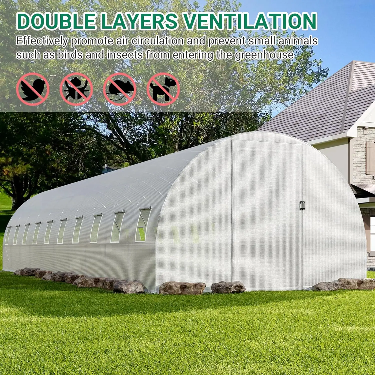 33X10X7 Ft Large Tunnel Greenhouse For Outdoors, Upgraded Swing Doors, Large Walk-In Greenhouse, Heavy Duty Galvanized Steel