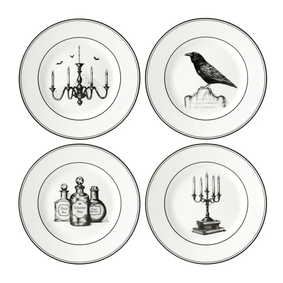 

Dinnerware Set, Vintage Halloween 4Piece Dessert Plate Set, Assorted, Set of 4 Ivory Porcelain Plates, Dishwasher Safe, Hallowe
