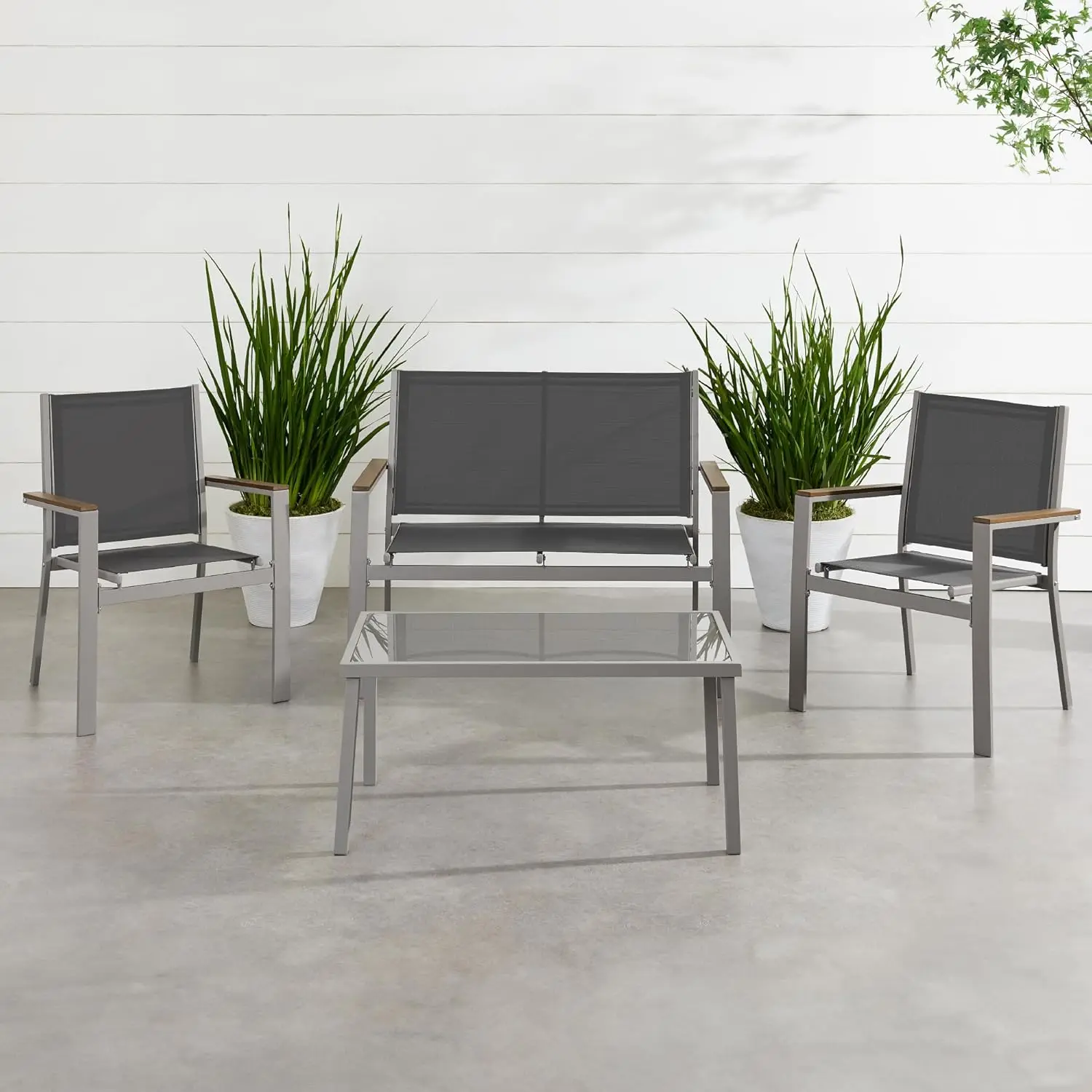 4-Piece Outdoor Textilene Patio Conversation Set, Backyard Furniture w/Loveseat, Coffee Table, Steel Frame - Taupe/Charcoal