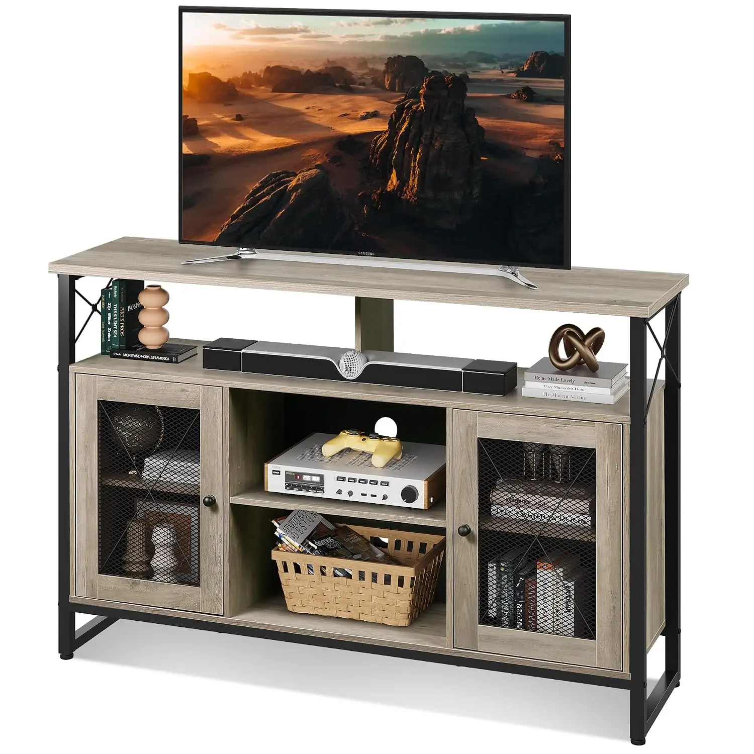 Tall TV Stand with Storage & Shelves, Farmhouse Industrial for Living Room & Bedroom, Fits 55
