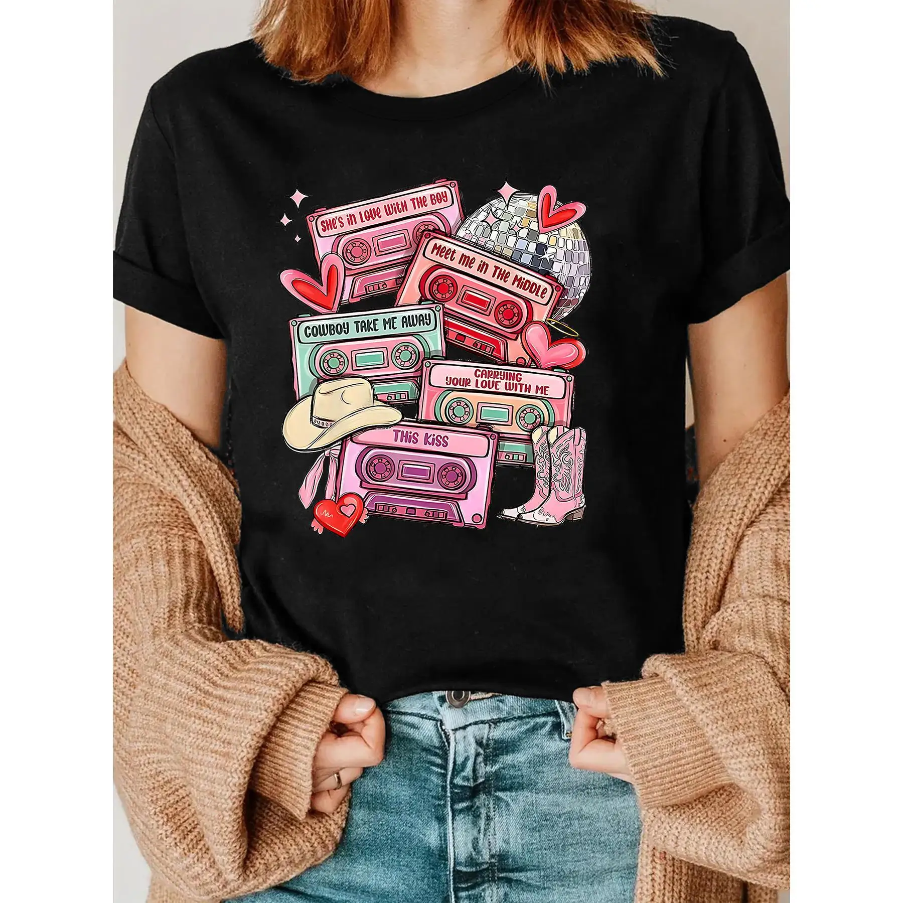 

Women'S Valentine'S Day Love Cassette Tape Printed T-Shirt,Crew Neck Short Sleeve Top