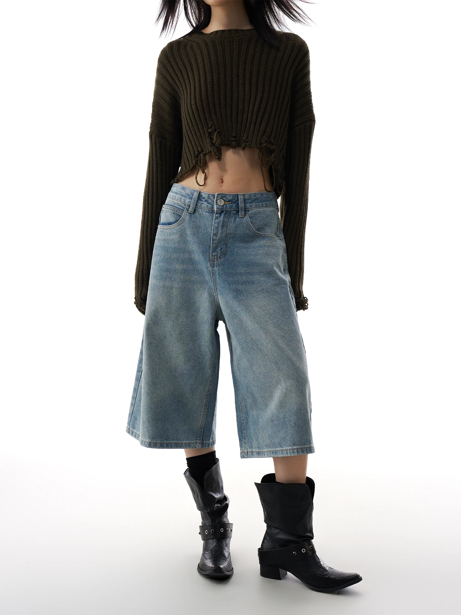 

Retro Denim Seven-Quarter Shorts Women's Small Size Summer New Loose Meat Conceal Thin Washing Wide Leg Medium Pants