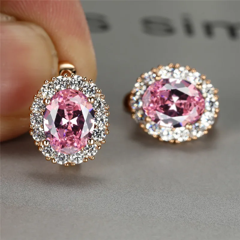 Female Fashion Multicolor Crystal Earrings Rainbow Zircon Oval Stone Hoop Rose Gold Color Engagement For Women