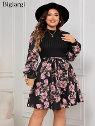 Plus Size Autumn Flower Floral Patchwork Mini Dress Women Ruffle Pleated Fashion Loose Ladies Dresses Slim High Wais Woman Dress