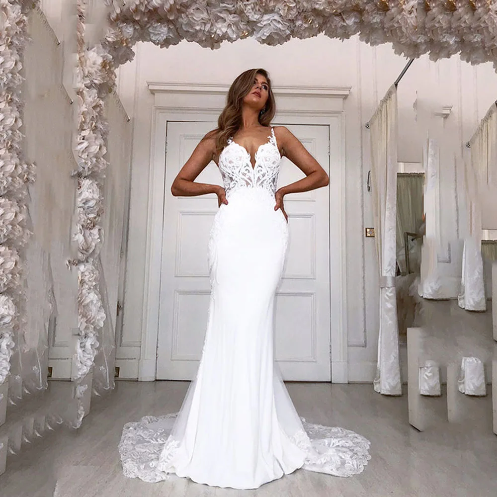 Msikoods abito da sposa Boho sirena in pizzo 2023 spalline sottili Appliques scollo a v Illusion elegante abito da sposa lungo treno