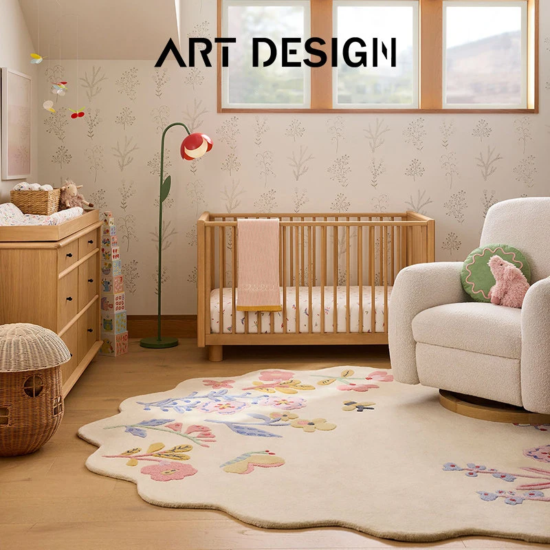 Oval Handmade Wool Carpet for Living Room Cream Style Pink Flower Girl Room Bedside Mat Decor Bedroom Thick Carpet French Style