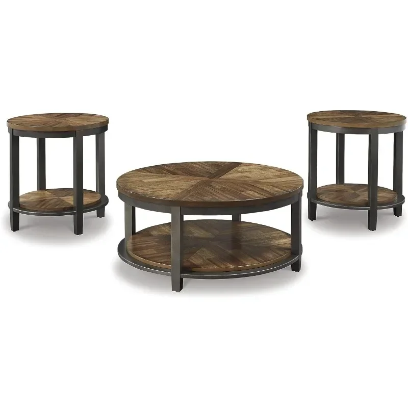 Roybeck Rustic Round-Piece Table Set, Includes Coffee Table and  End Tables with Fixed Shelf