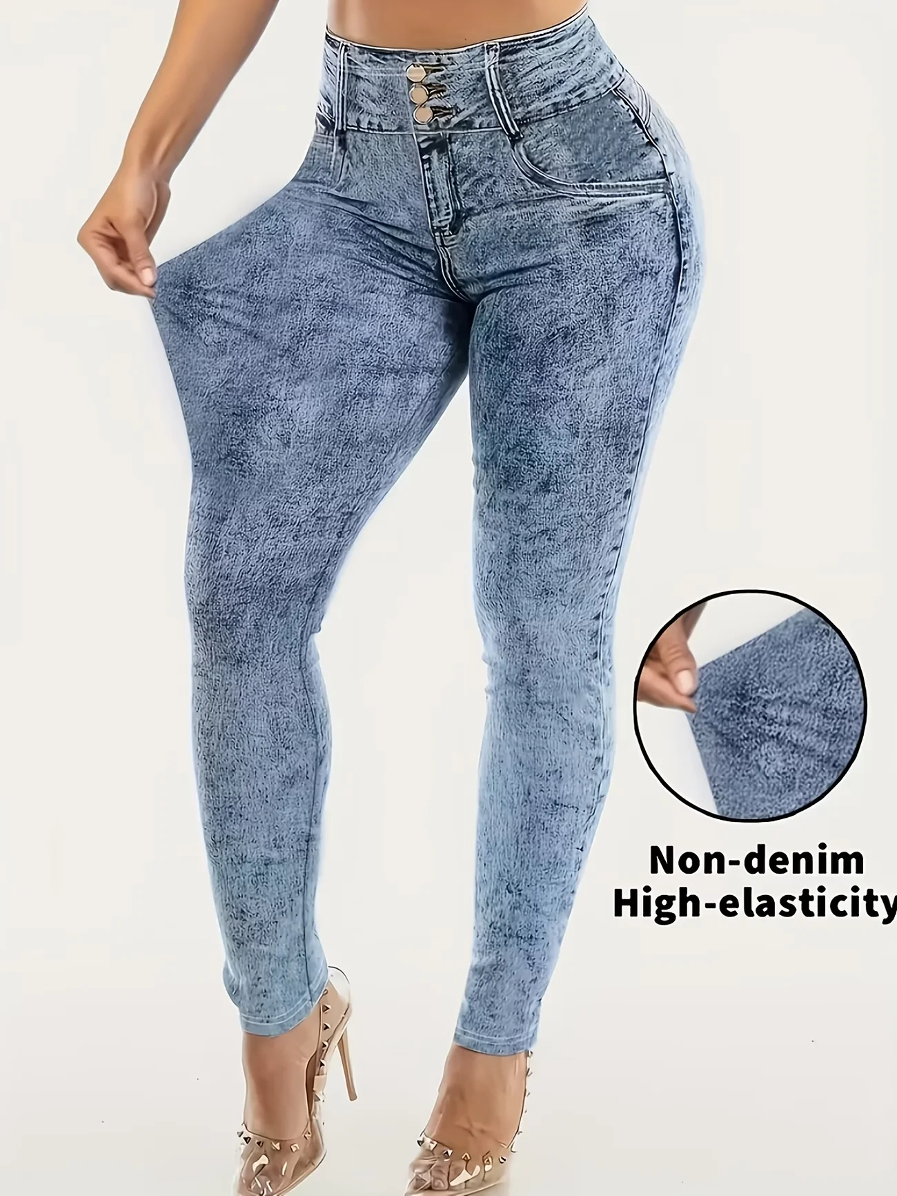 Women Printed Leggings Not Denim Fabric, Fake Pocket & Button Print Design Pants, High Elastic Fashion Slim Fit Skinny Casual