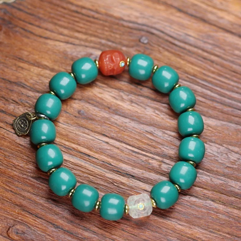 Turquoise barrel beads and round bead bracelet, hand-held Southern Red Agate, -style thangka accessories, Tibetan silver