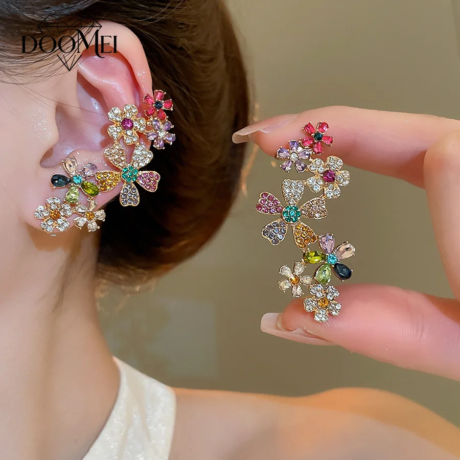 DOO MEI Glamour Multi Color Cubic Zirconia Ear Cuff Clip on Earrings for Women Flower Earrings Wedding Banquet Party Ear Jewelry