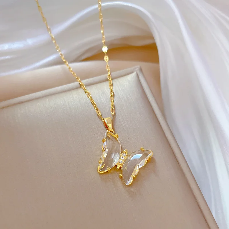 Exquisite Halskette mit Mikro-Zirkon-Intarsien, Schmetterlings- und Quastenanhänger für Damen, Edelstahl-Herz-Muschel-Anhänger, Hochzeitsschmuck – Detail 6