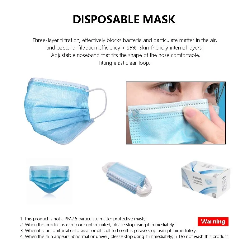 50Pcs Face Mask Disposable Mouths Mask Masque 3 Layer Filter Mask Anti-dust Breathable Masks Free Shipping Security Protection