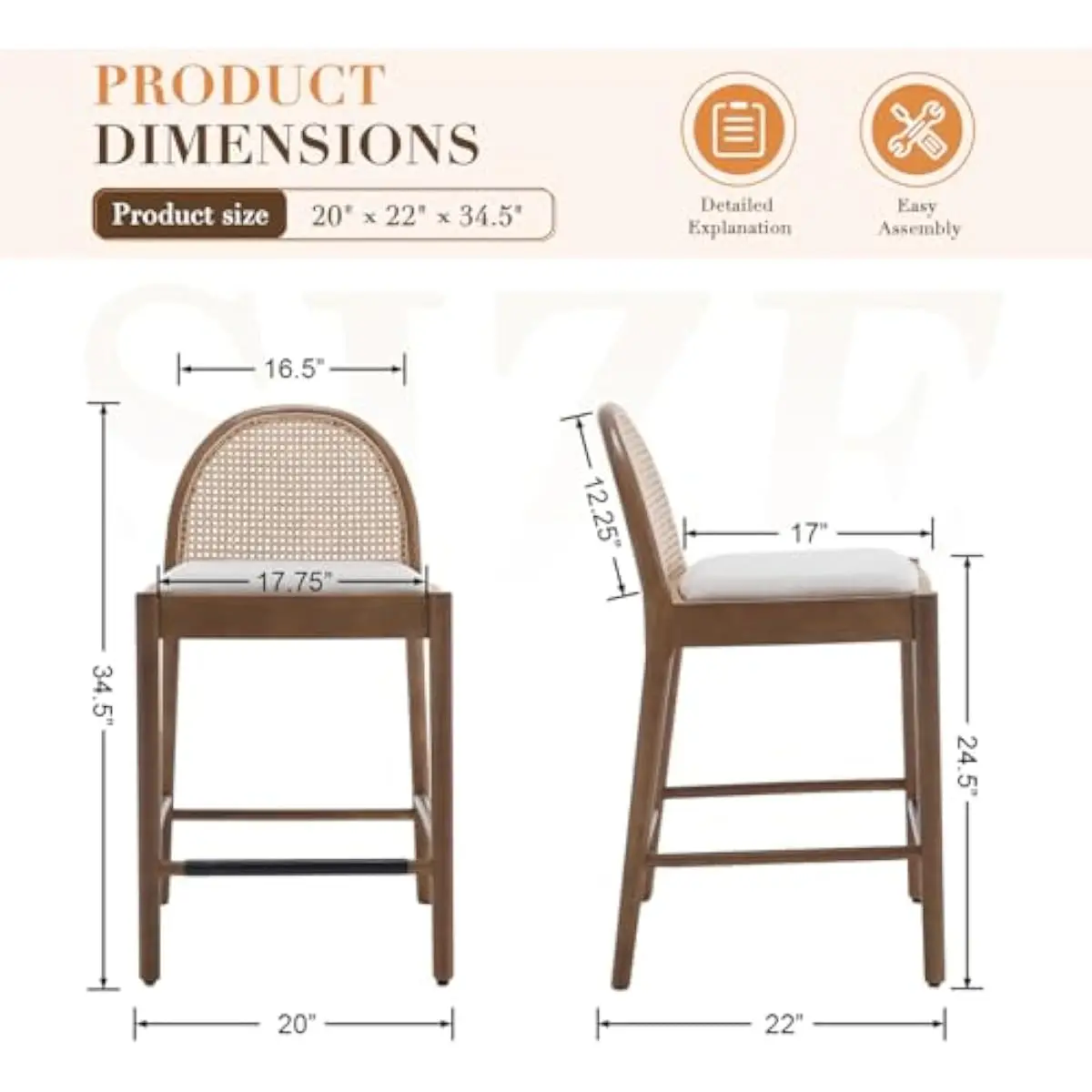 Elegant 4-Piece Counter Stools with Oval Rattan Backrests and Linen Upholstery • 26-Inch Seat Height • Rubberwood Frame • Beige