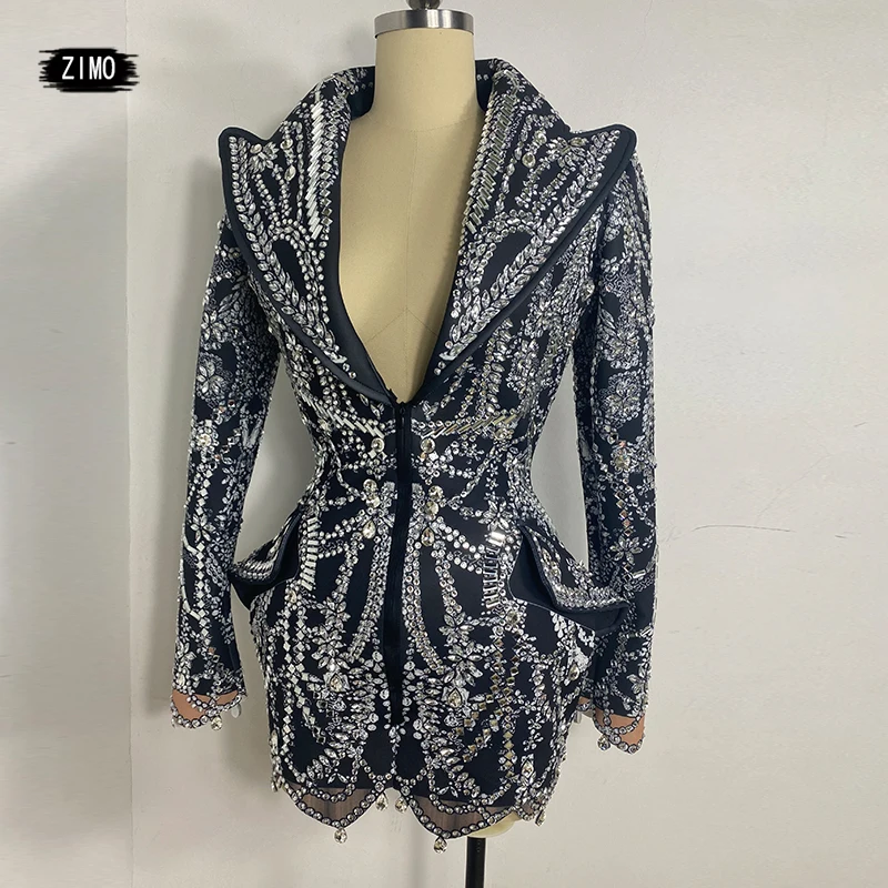 

Sexy Black Deep V Tassel Crystal Suit Jacket Stage Performance Dance Costumes Women Party Club Blazer Coats Zuanshixi Zhuang