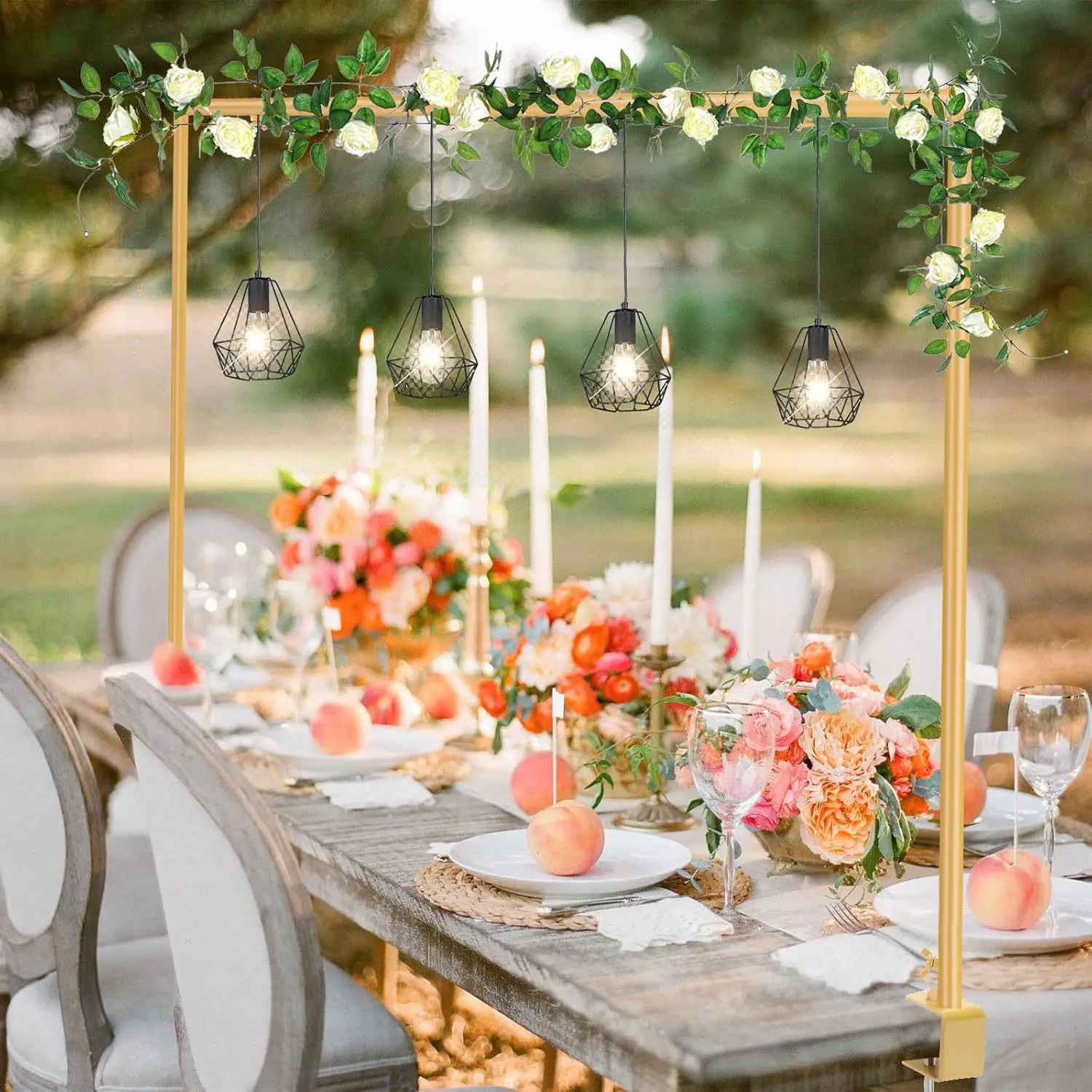 Gold Over The Table Rod Stand with Clamps for Party Decor，Metal Flower Hanging Arch Stand for Birthday Wedding Party Baby Shower