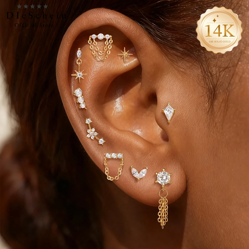 DIeSchein 14K Solid Gold Stud Earring Women CZ Flat Back Stud Earrings for Helix Tragus Daith Piercings Screw Flat Back Earring