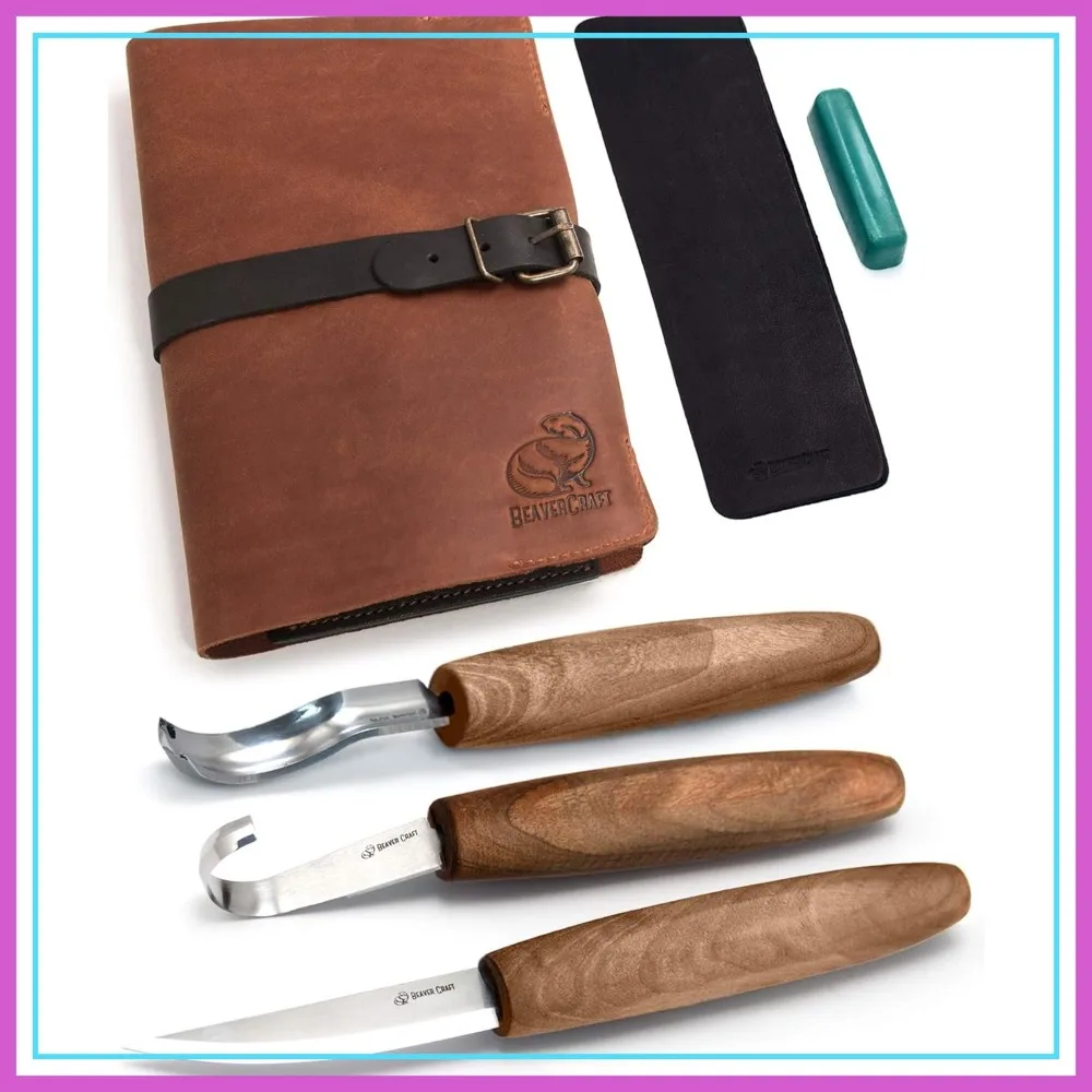 

Wood Spoon Carving Tools Kit S14x Deluxe - Whittling Set with Knife, Hook Knife, Gouge, Leather Case & Strop