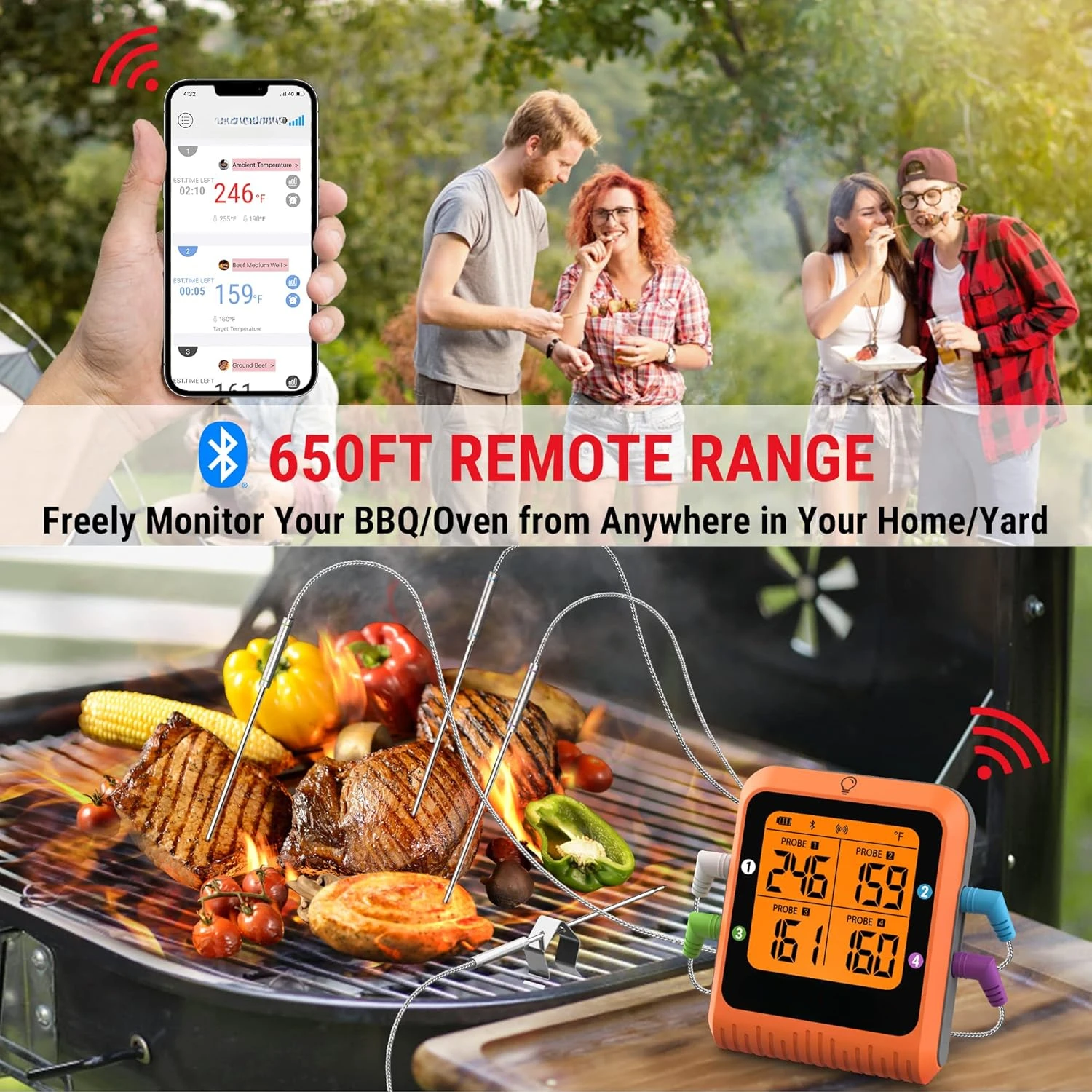 ThermoPro TP930 650FT Wireless Meat Thermometer, Bluetooth Meat Thermometer with 4 Color-Coded Meat Probes