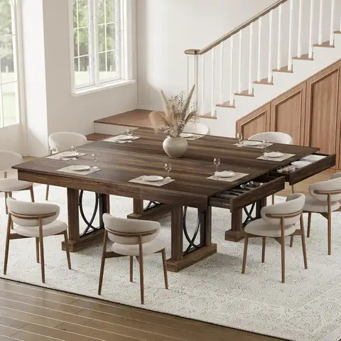 Wooden Rectangular Kitchen Table with Double Pedestal & Large Tabletop Dining Room Table for 6-8 with 2 Drawers Walnut