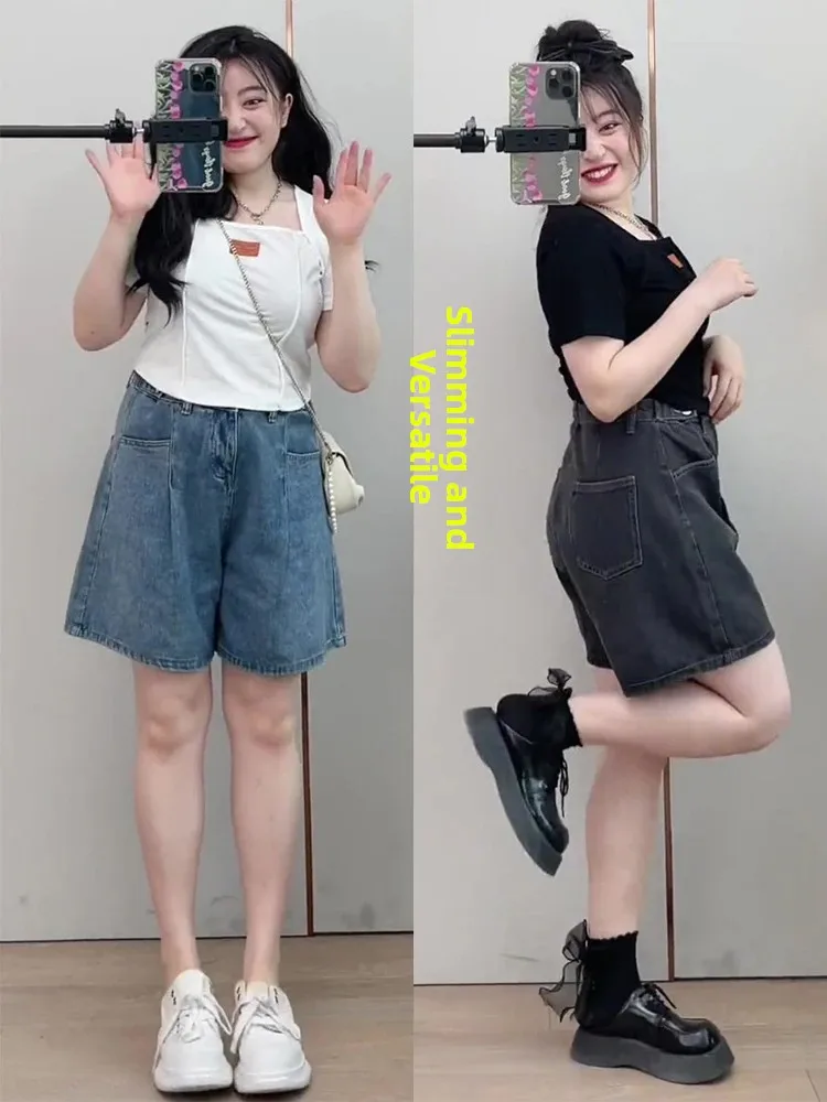 

Женские джинсовые шорты больших размеров свободного кроя, летние, модные, в корейском стиле, широкие брюки в стиле «папины», повседневные, с высокой талией, из смесового хлопка