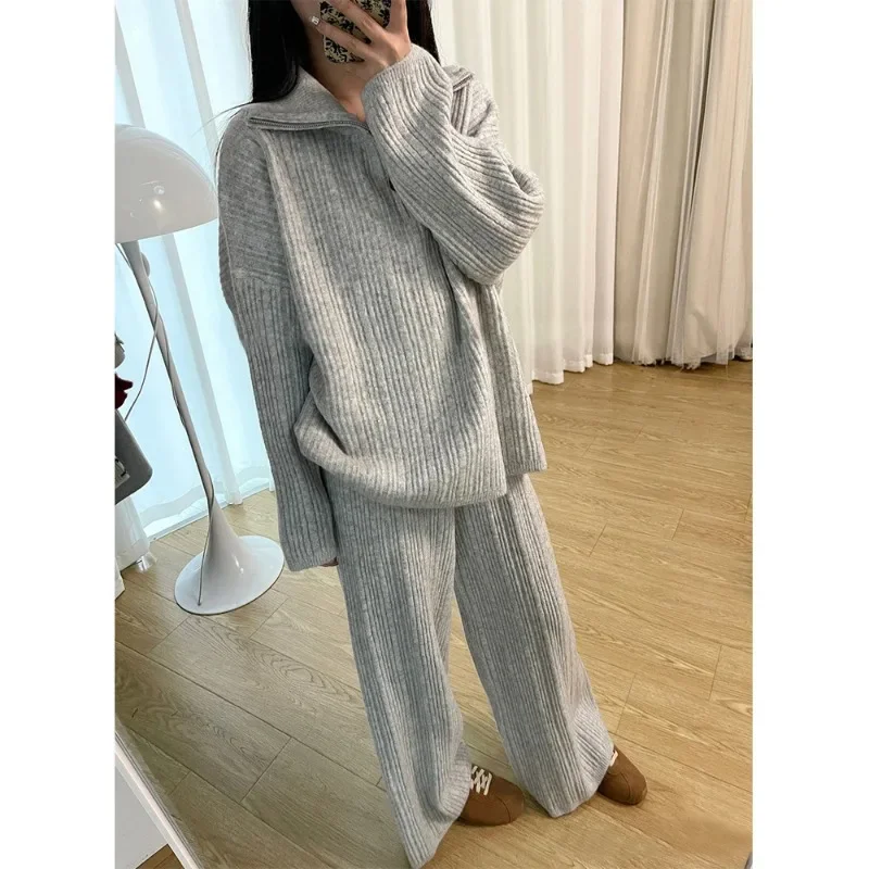 Повседневный вязаный свитер в ленивом стиле, комплект из двух предметов на осень и зиму, высококачественный новый стильный комплект с широкими брюками для женщин