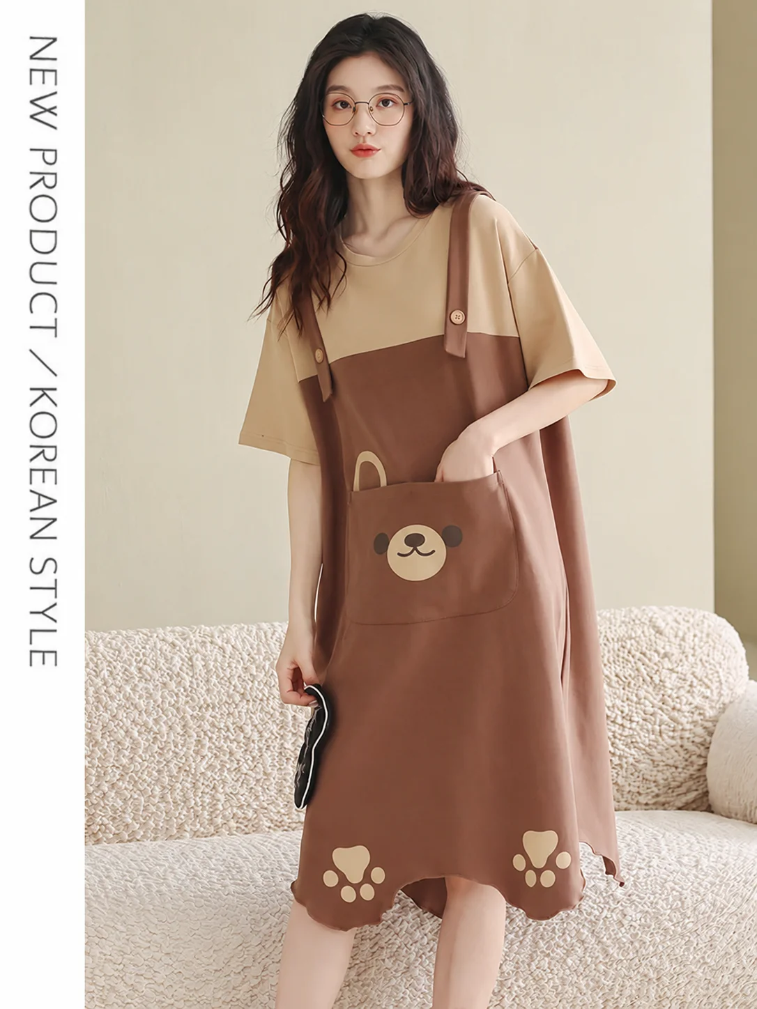 Plus Size Pure Cotton Nightgown for Women Loose Fit Breathable Short Sleeve Faux Two Piece Bear Print Home Wear Summer Sleepwear