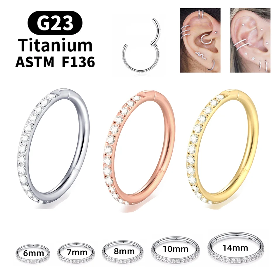 Anel de argola piercing de titânio para mulheres zircão redondo segmento cz pavimentado aro de nariz aro aro jóias do corpo 6-14mm