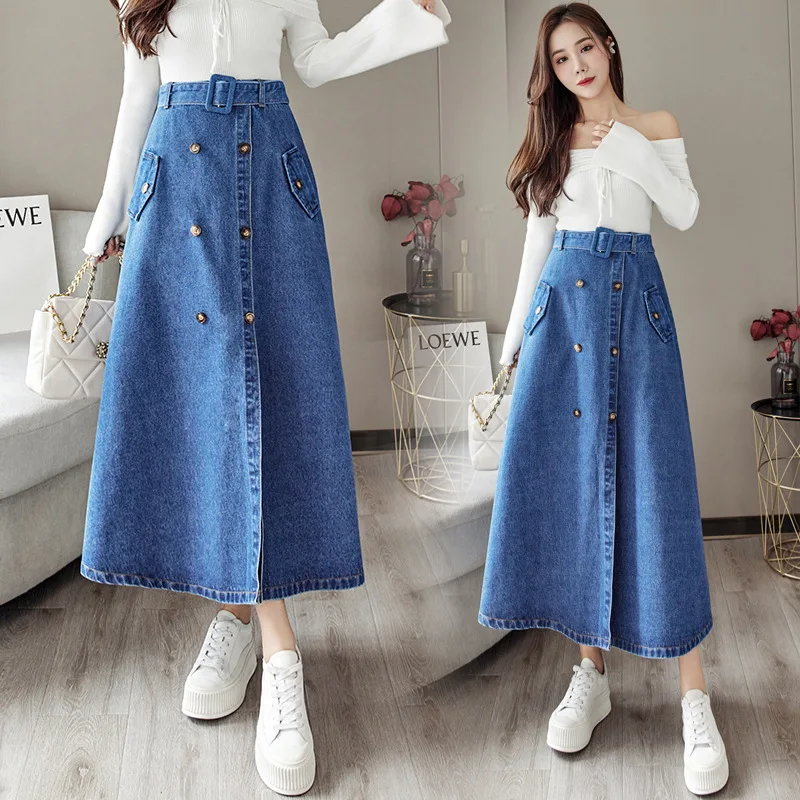 

Джинсовая юбка с разрезом и высокой талией, женские двубортные джинсовые юбки-зонтики, женская синяя длинная юбка трапециевидной формы с поясом
