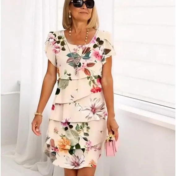 2025 primavera chique floral impressão chiffon vestido mulher elegante tripulação pescoço em camadas vestido plissado verão manga curta a linha vestido de festa