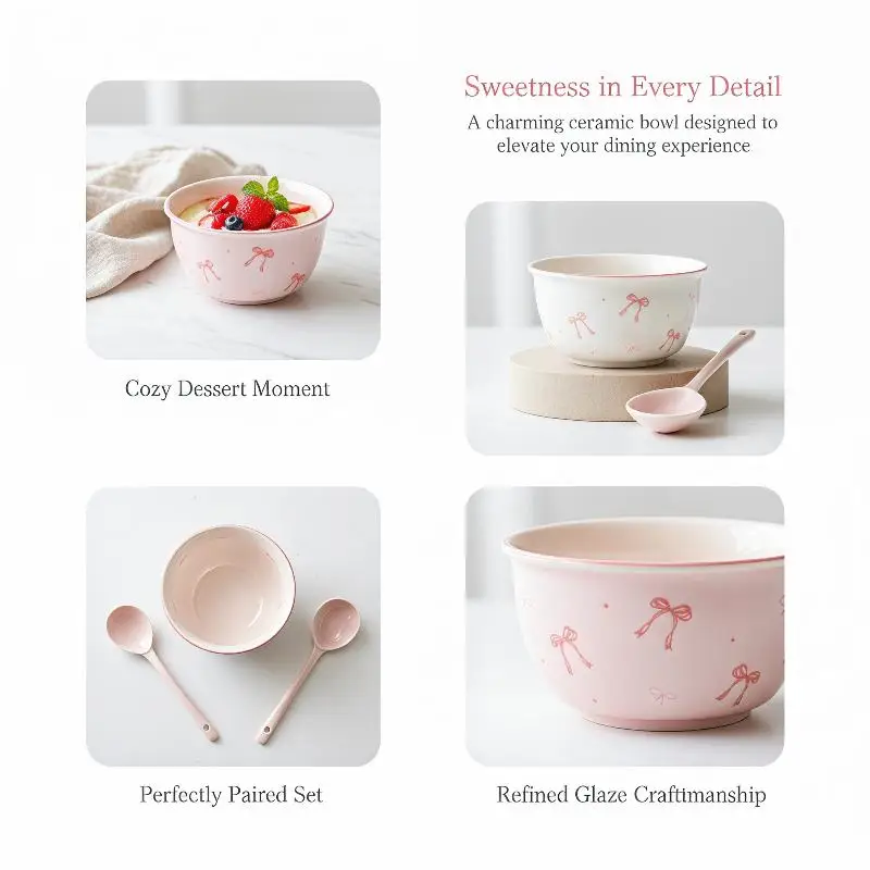 Set Of 2 Ceramic Bowls With 2 Spoons Bow Cute Gift Ceramic Bowls Birthday Gifts Dessert Daily Use