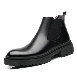 Genuine Leather Men's Chelsea Boots Winter Fleece Lined Warm Slip-on Shoes Thick Sole Platform Ankle Boots for Men