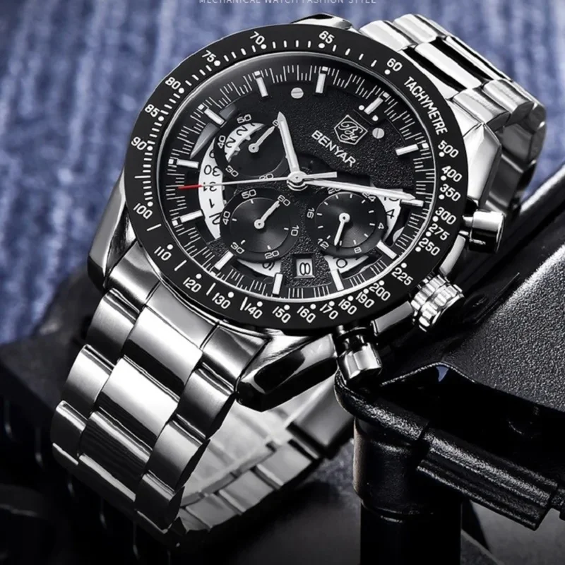 BENYAR BY-5120M Men's Watch PE903 Movement Multi-function Chronograph Leather Band Business Sports Men's Wrist Watch