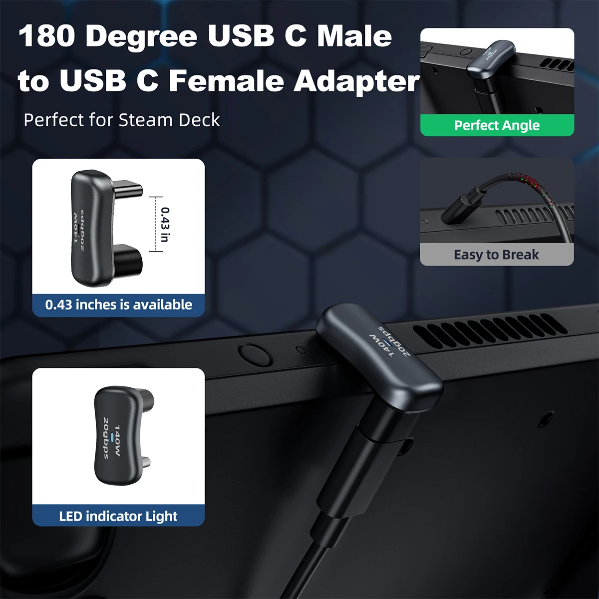 USB C U Forma Adaptador, Tablet de carregamento, vapor Deck Acessórios, ângulo de 180 graus, USB-C 20Gbps, PD 140W