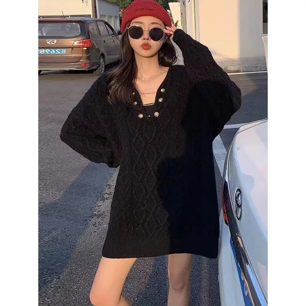 V-neck Fried Dough Twists Sweater Woman Autumn Winter Gentle Pullover Knitted Top Sweet Grace Casual Loose Trend Fashion Youth