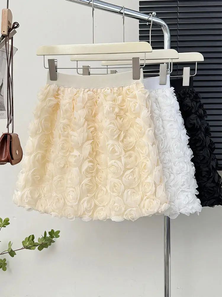 Three-dimensional Rose Decoration Skirt Women High Waist A-Line Flower Mesh Rosette Sweet Mini Skirts Korean Elegant Outfit Lady