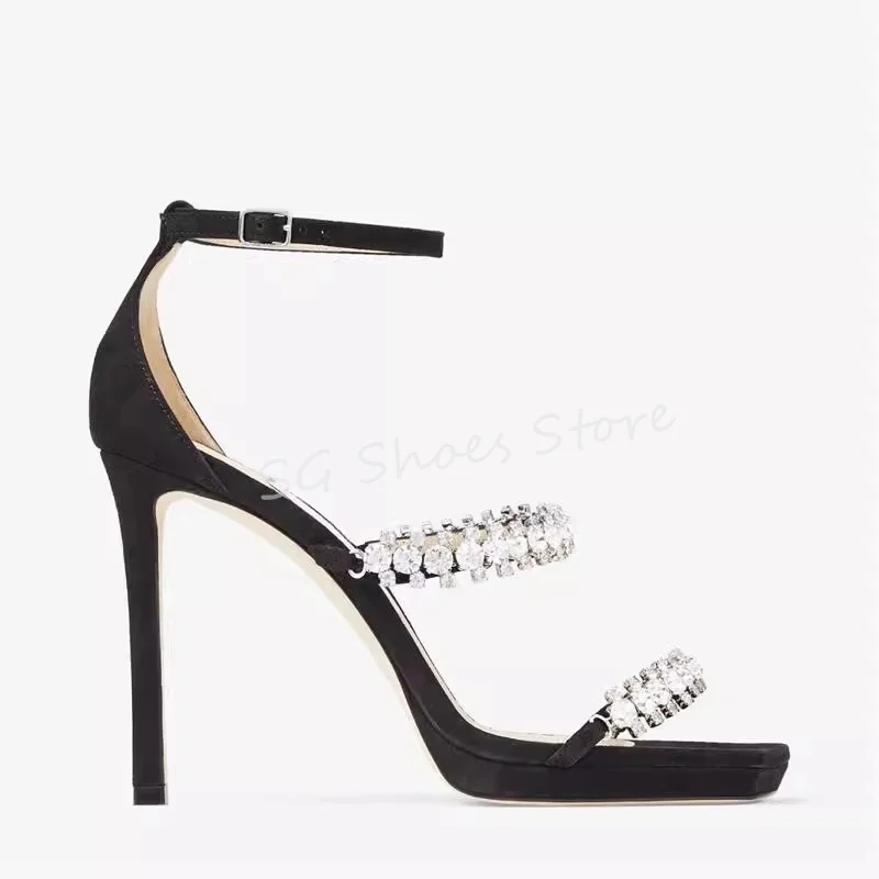 Luxury Rhinestones Chain One Strap Sandals for Women Square Toe Thin Heel Chunky Platfrom Pumps Ladies Dress Hight Heels Shoes