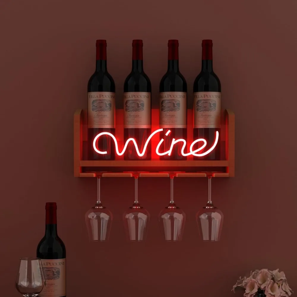 

Настенная деревянная полка для вина с подсветкой, держателем для стекла и неоновой вывеской, декоративный аксессуар для любителей вина