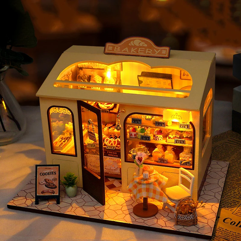 DIY Wooden Bakery Store Cottage Figurines Miniatures Bookend Assembled Houses Mini Casa with Light for Friends Gifts Home Decor
