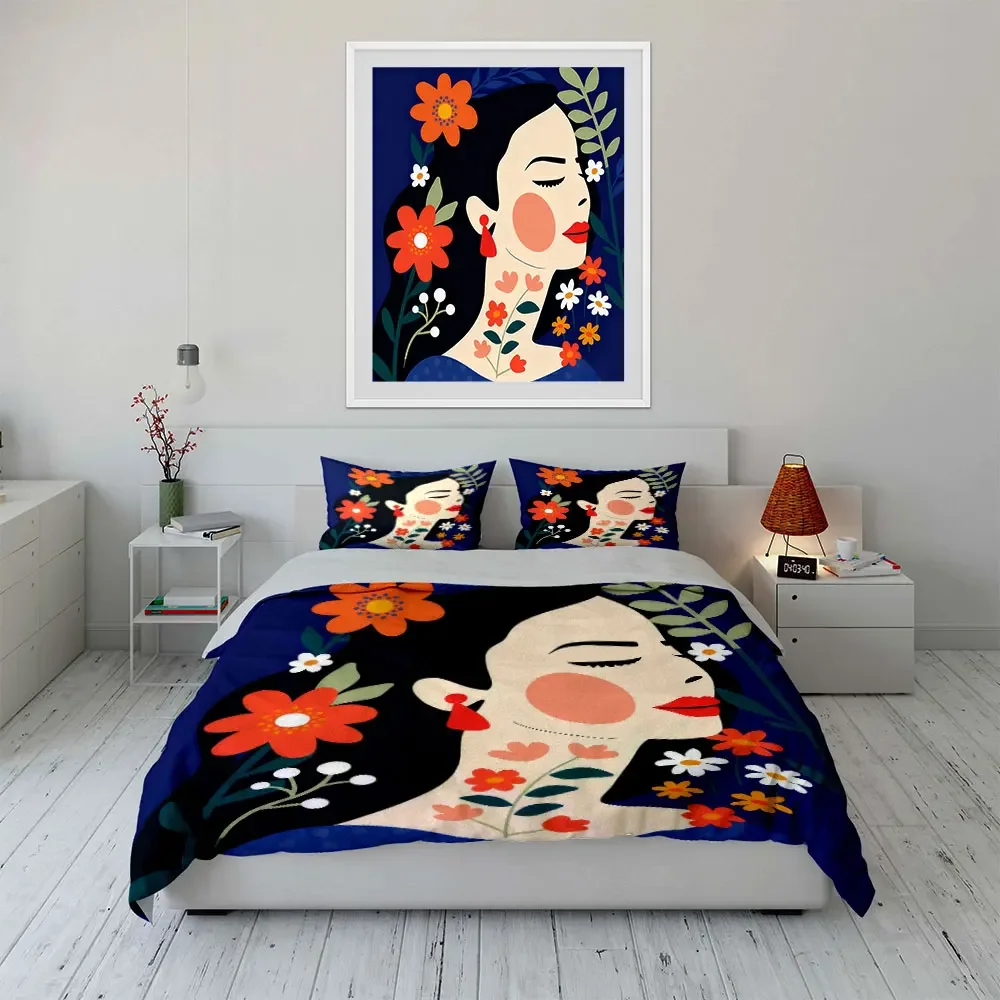 Floral Art Portrait Decoration Set Soft Comfortable Duvet Cover Bedding Set Included 1*Duvet Cover & 2*Pillowcases, gift