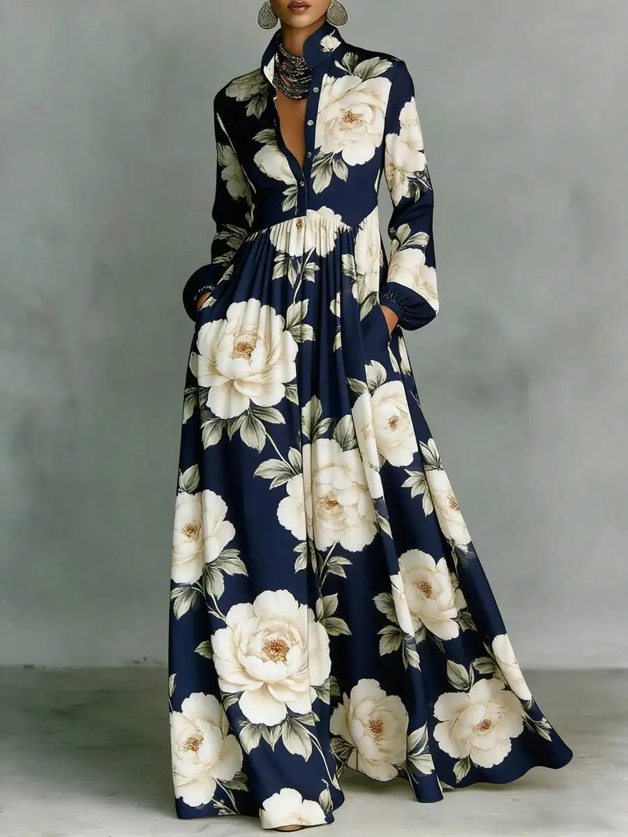 

Blue Peony Print High-Stand Collar Long Sleeve Maxi Dress With Button-Down Front And Waist-Sculpting Silhouette For Casual