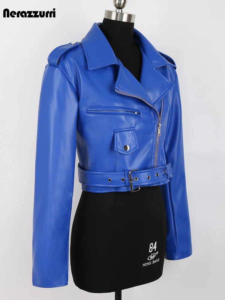 Nerazzurri Spring Autumn Blue Cool Short Soft Faux Leather Biker Jacket Women Long Sleeve Belt High Quality Clothing Fashion