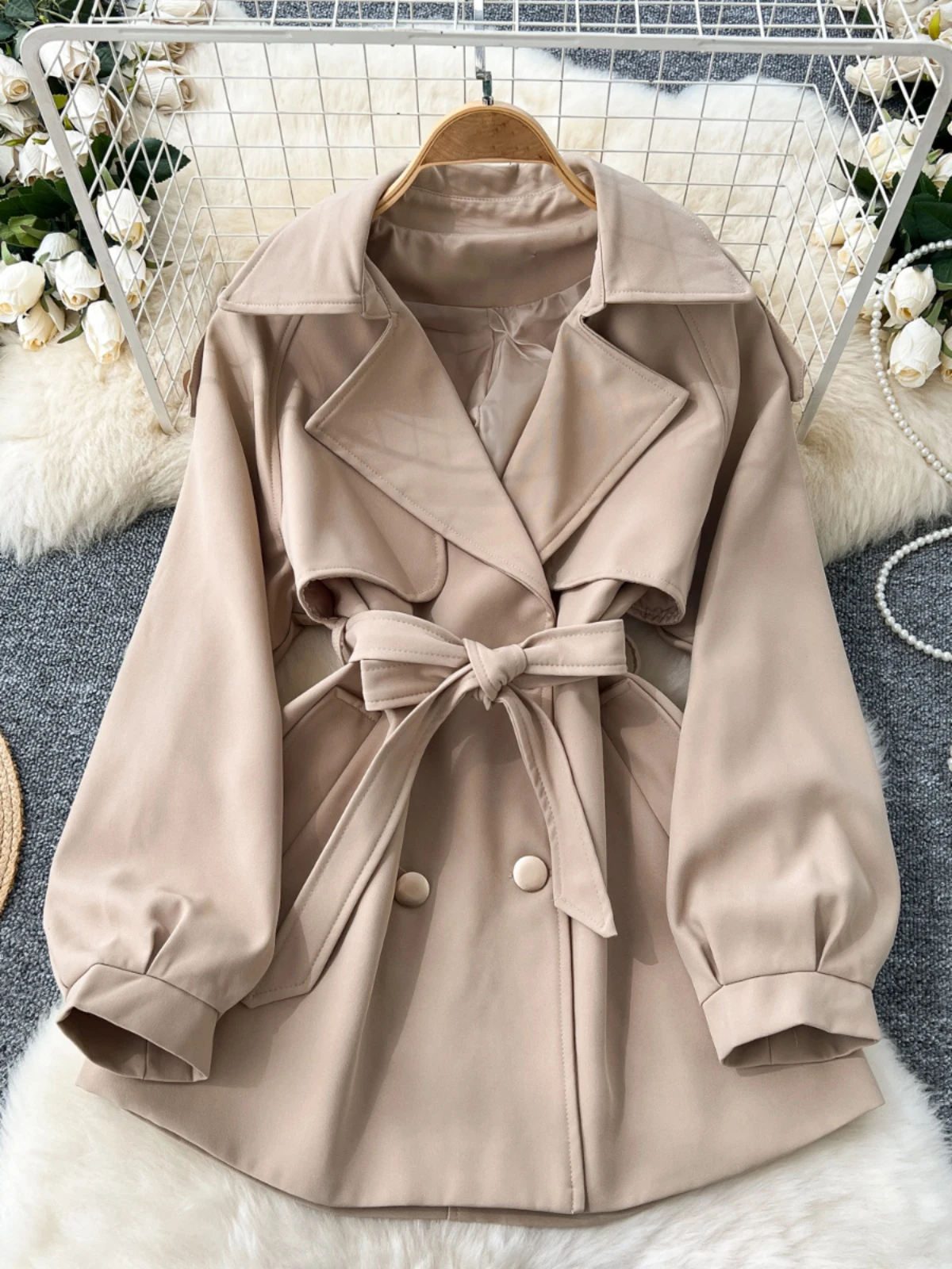 Windbreaker Jacket for Women Autumn High End Double Breastes Turn-down Collar Trench Coat with Belt Long Sleeve Women's Tops